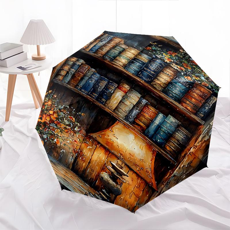 Bookshelf, Lamp Themed Automatic Opening and Closing Umbrella, Brightly Colored 8-rib Portable Umbrella, Suitable for Men and Women, A Perfe