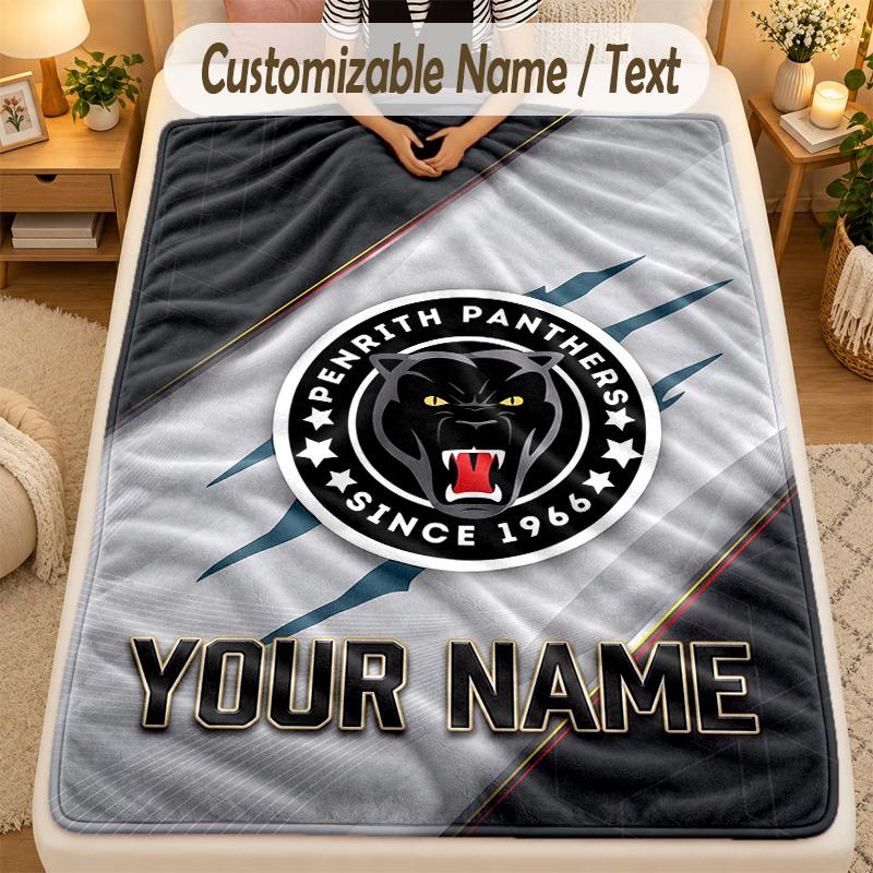 Flannel BlanketPenrith Panthers Custom Name Text Personalized Soft Warm Throw Blanket Home Decor Gift