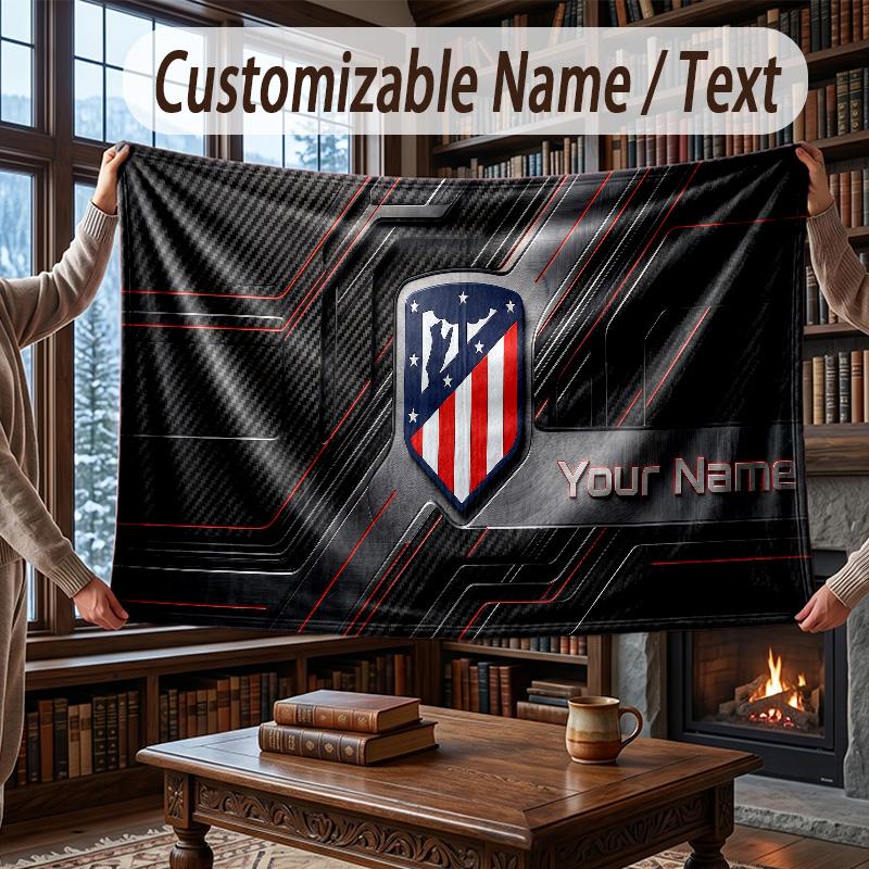 Custom Name Flannel Throw Blanket Atletico Madrid FC Pattern Warm Home Decoration