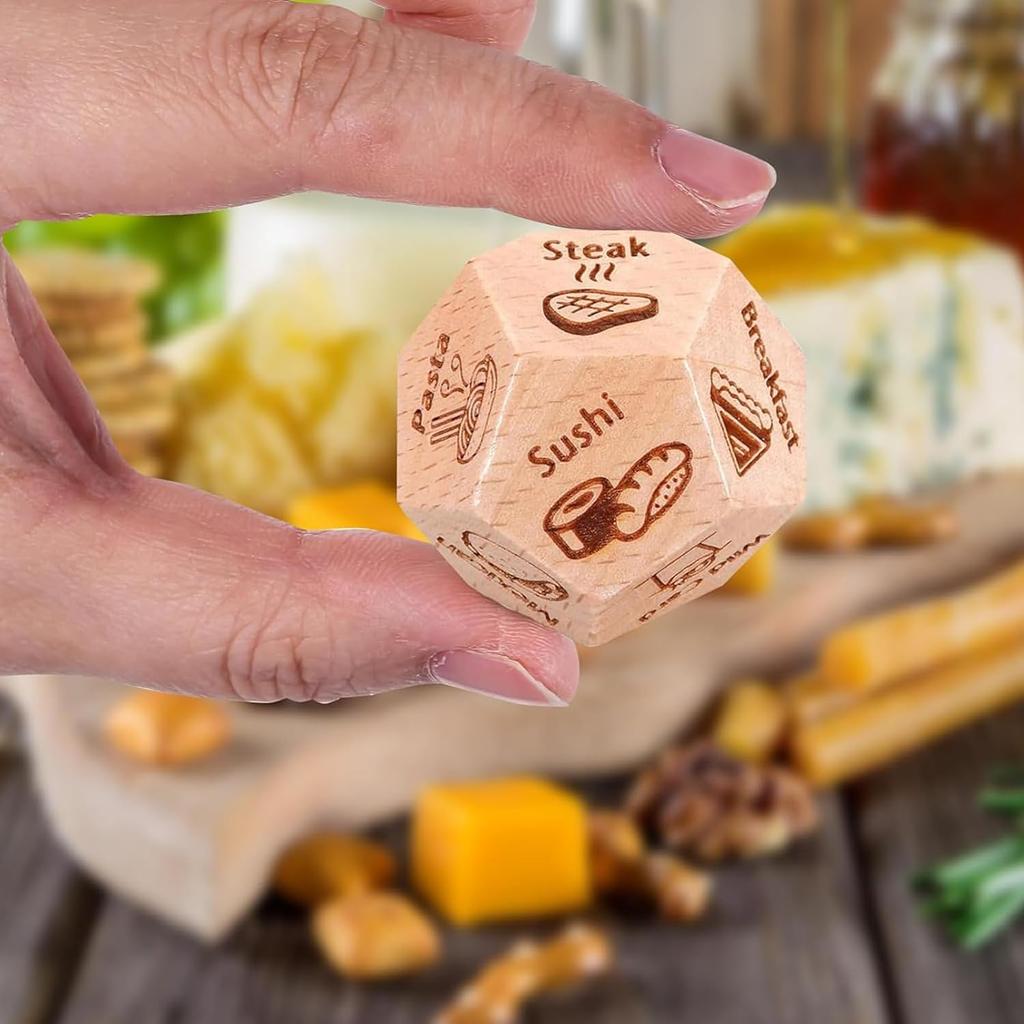 Food Decision Dice Date Night Ideas Games 12-Sided Muti-Choice Engraved Wooden Valentines Day Birthday Gifts Gifts for Couples Boyfriend Girlfriend