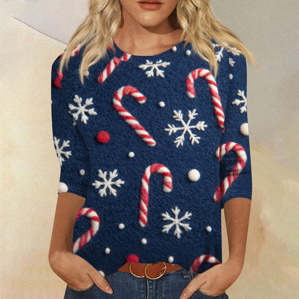 Women's Fashion Casual Round Neck 3/4 Sleeve Loose  Printed T-Shirt Ladies Top