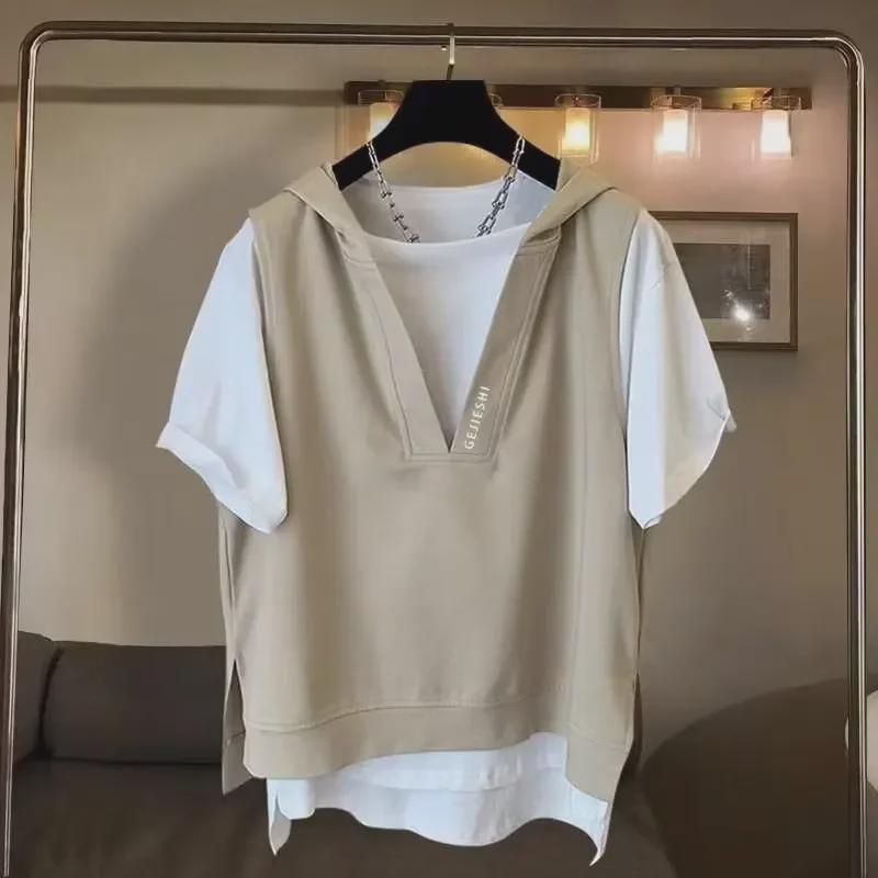 Мужская летняя футболка в корейском стиле с капюшоном из двух частей - с короткими рукавами, свободная, повседневная