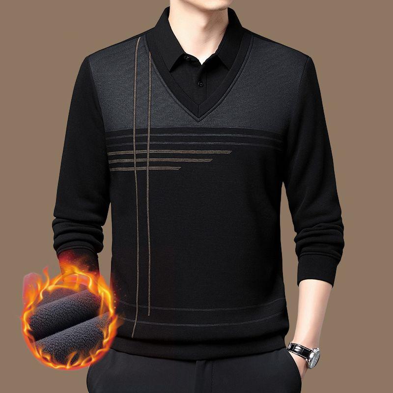 Зимние поло с отложным воротником, имитация двойки, плюс флис, утолщенные, повседневные, из чистого хлопка, пэчворк, контрастные по цвету топы