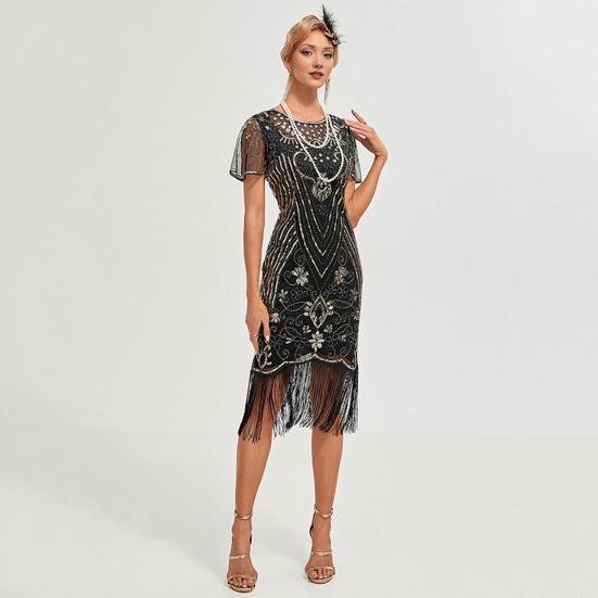 Женское выпускное платье в винтажном стиле с ажурным кружевом, кисточками и пайетками, прозрачным круглым вырезом, короткими рукавами, облегающим фасоном, застежкой-молнией сзади, банкетное платье