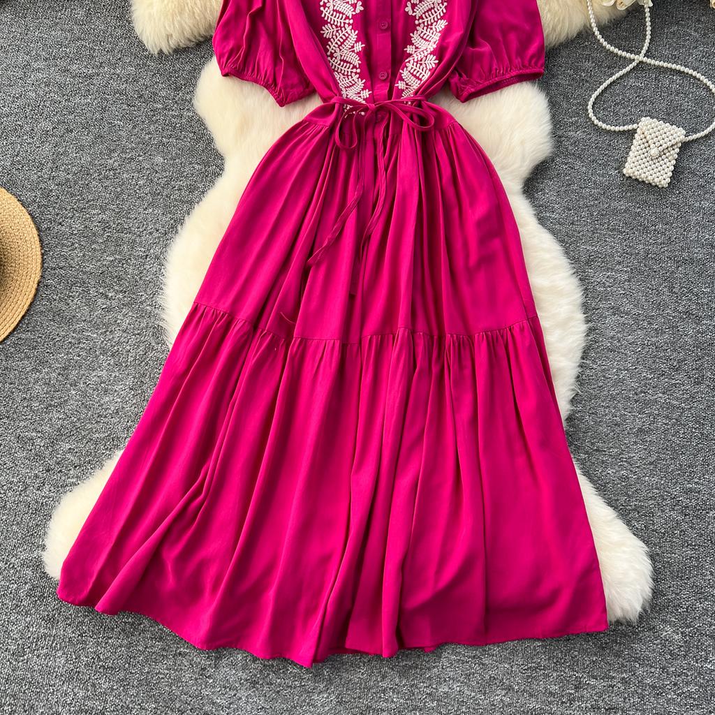 Винтажное платье с круглым вырезом для женщин с рукавами-фонариками, вышитыми шнуровкой, платья А-силуэта, однотонные лоскутные пуговицы, летнее платье