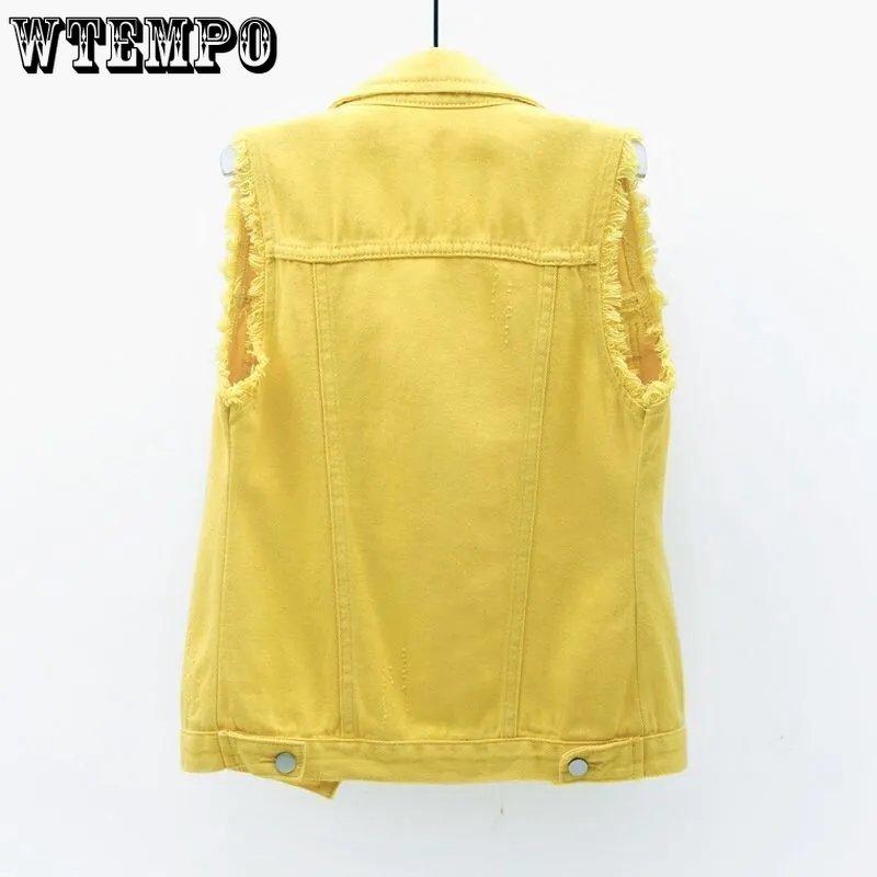 WTEMPO разноцветный повседневный джинсовый жилет, женский модный весенне-летний универсальный тонкий рваный короткий жилет без рукавов с необработанными краями