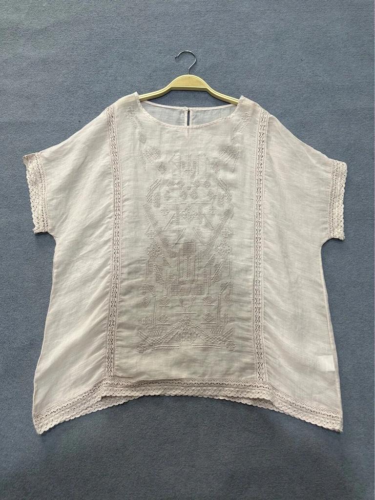 Johnature Summer Sweet Embroidery Tops Vintage Casual Design Sense Versatile Short Sleeve Pullover Shirts Women