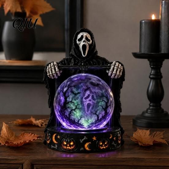Decorative Window Ornament LED Lighted Halloween Faux Crystal Ball Decoration, Resin Witch/Skeleton/Cat/Ghost Figurine with Detailed Claw Bone