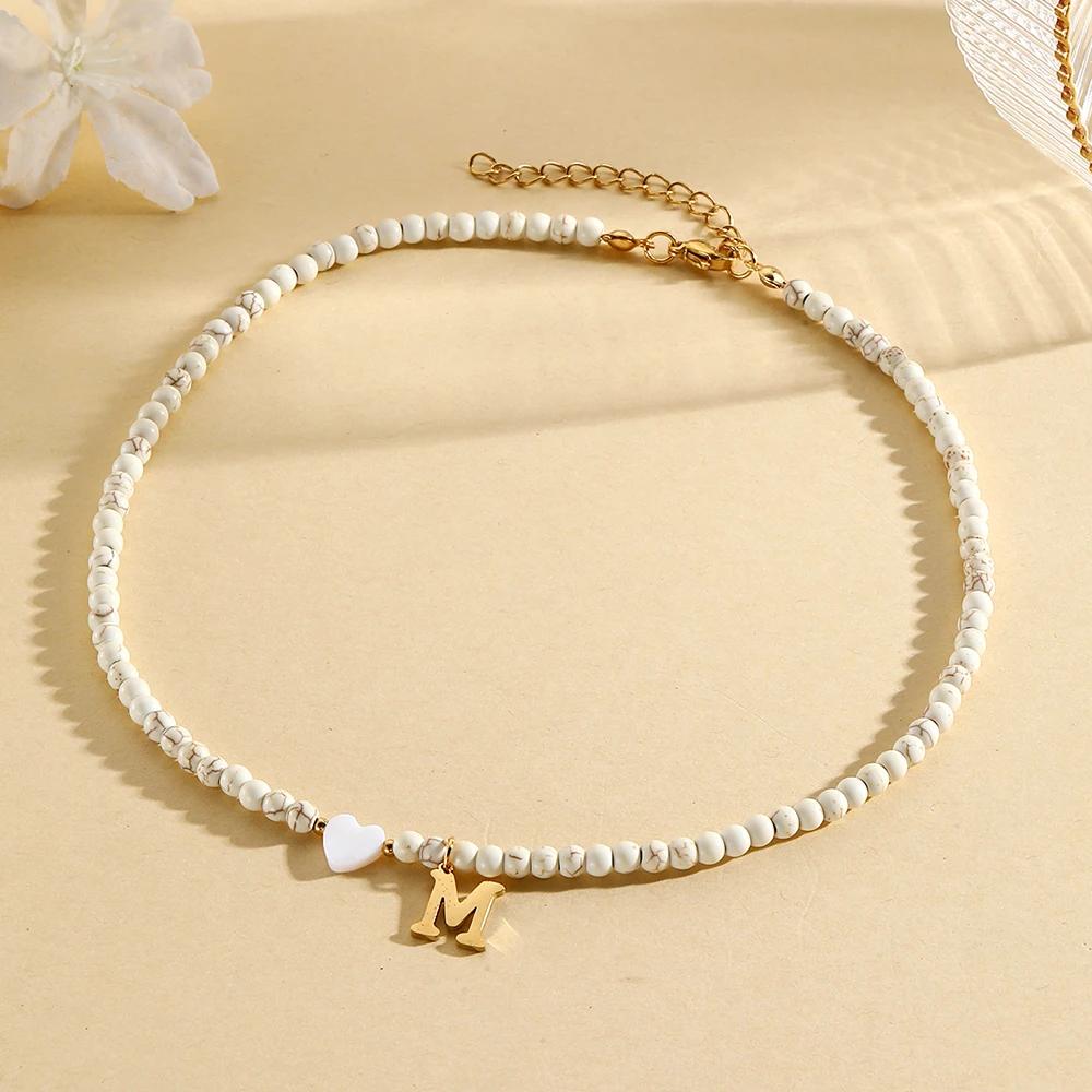 Bohemian Choker Neck Initial Necklaces Heart-shaped Shell Letter Pendant Beads Women's Stainless Steel Necklace Woman Trend2025