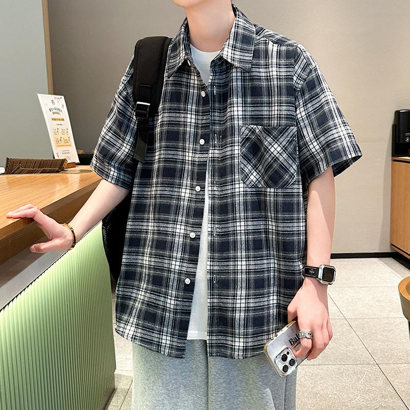 Vintage Check Pattern Shirt Men's Summer Short Plaid Shirt Boys Loose Large Size Trendy Brand Ruffian Handsome Youth Casual