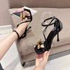 Summer Fashion Ladies Square Toe Satin Metal Flower Ankle Strap High Heel Sandals Women's Stiletto Party Wedding Shoes
