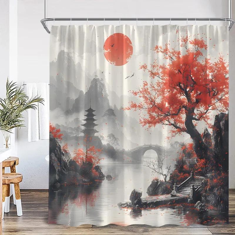 Japanese Landscape Shower Curtains Pink Cherry Blossom Mountain Lake Night Scenery Polyester Fabric Home Bathroom Curtain Decor
