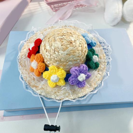 Соломенная шляпа-сомбреро для домашних животных, солнцезащитная шляпа для маленьких собак с цветком, регулируемая кепка-ведро от солнца на Гавайях, летняя пляжная шляпа для маленьких и средних собак и кошек