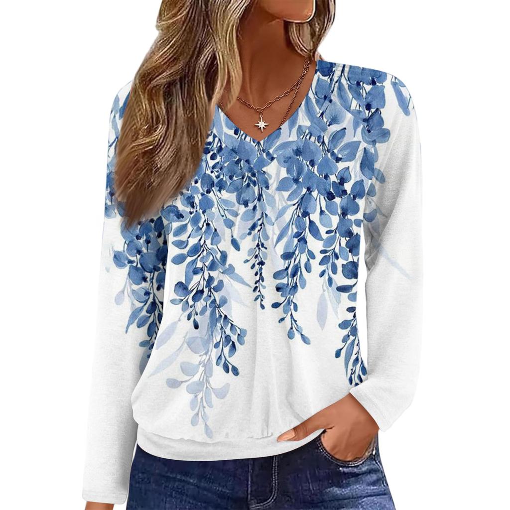Женский повседневный модный топ с V-образным вырезом, рукавами реглан, плиссировкой и цветочным принтом, с длинным рукавом
