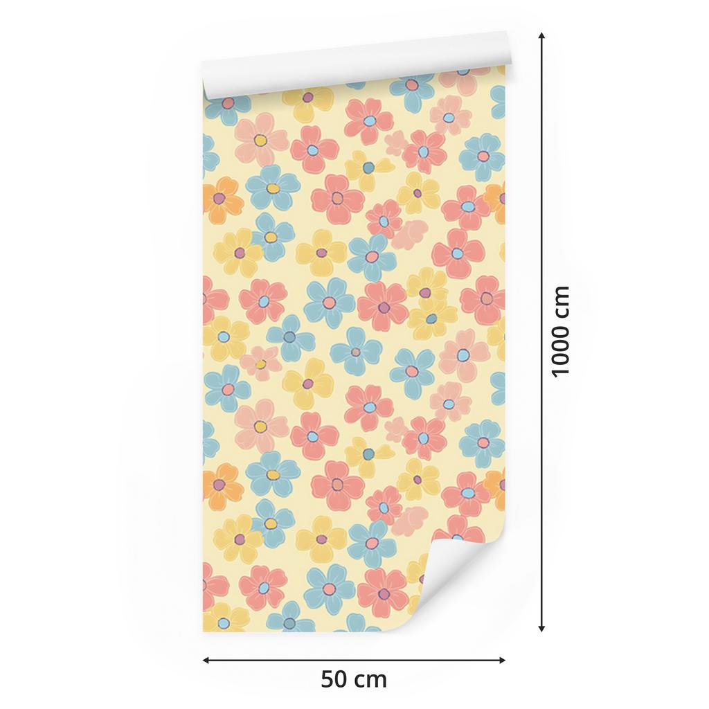 Wallpaper Flowers Cream, Coral and Turquoise for Living Room and Bedroom 50x1000