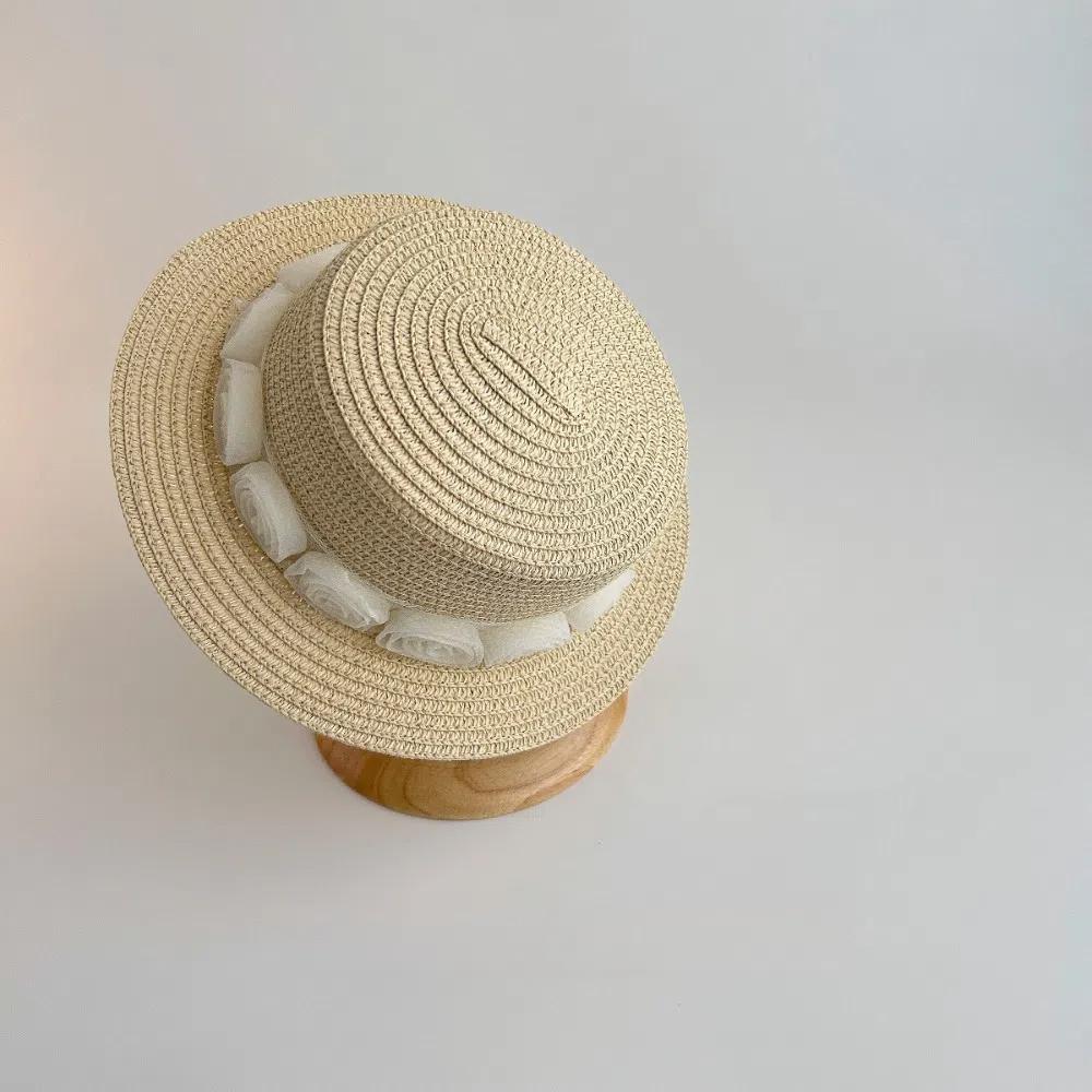 Summer Baby Straw Caps French Children Sun Hat Trendy Flower Lace Straw Hat for Kids