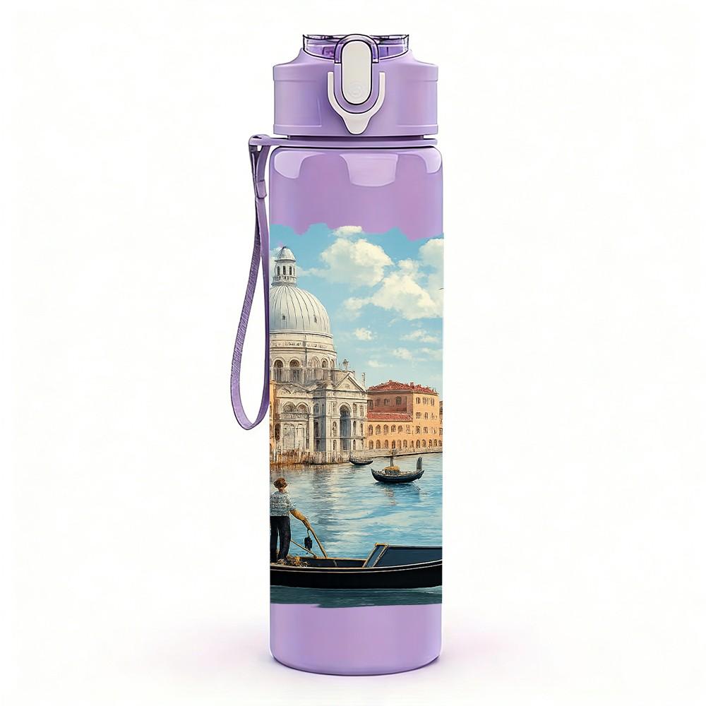 1PC Venice Canal City View Print 750ml Color Plastic Sports Water Bottle Leakproof Flip Straw Lid Suitable for Sports Office Home Use