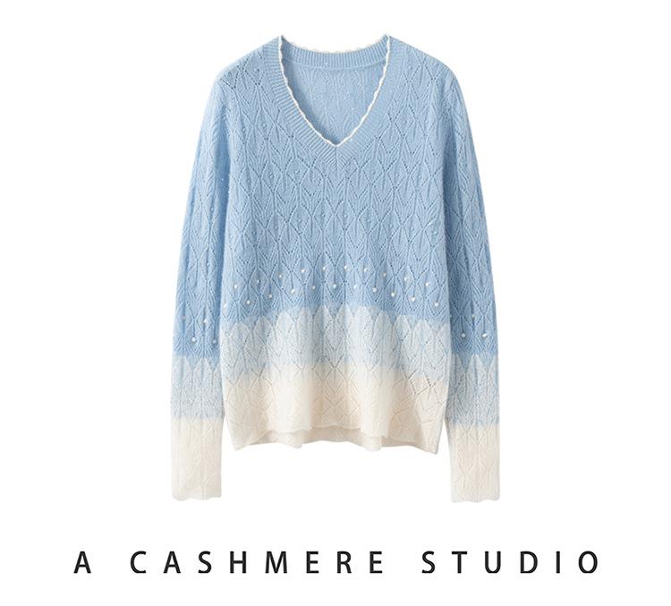 100% Pure Cashmere V-Neck Women's Sweater: Autumn/Winter, Thin, Hollow Knit, Color Block, Loose Fit Top