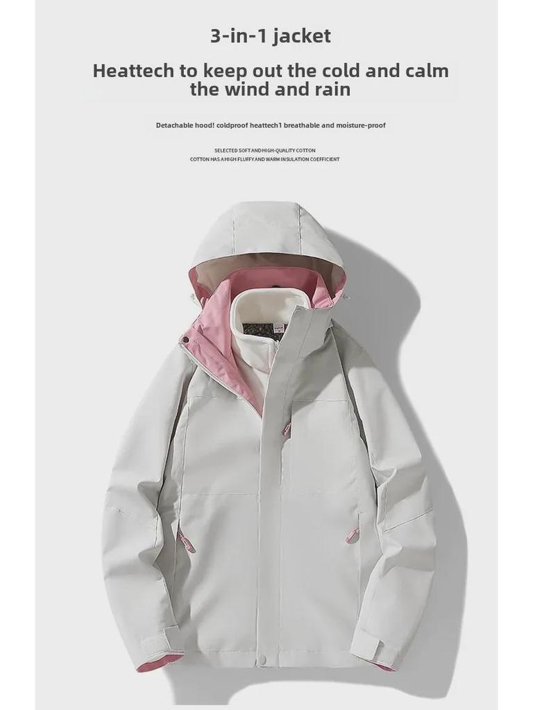 Женская ветрозащитная водонепроницаемая куртка 3 в 1 с дополнительной бархатной подкладкой, утепленная для осени/зимы, мужская контрастная расцветка в альпинистском стиле.