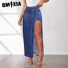 High Split Half Denim Skirt Women's Spring Summer Wash Solid Color MIDI Skirt
