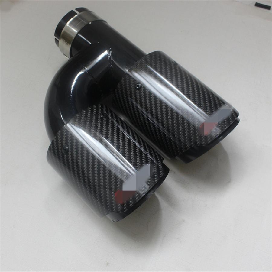 Universal Pair Left + Right Glossy 100% Real Carbon Fiber 63mm In 89mm Out Car SUV Dual Pipe Exhaust Pipe Tail Muffler Tip Full Black