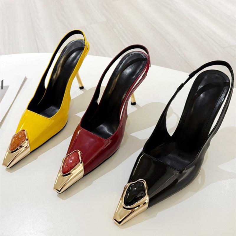 Fashion Metal Jewelry Decorated High Heels Women Sexy Pointed Toe Patent Leather Slingback Heeled Sandals Elegant Party Wedding Shoes