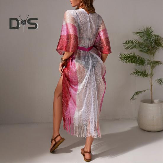 Женская пляжная одежда, прикрытие, свободный кардиган с бахромой и солнцезащитным кремом, контрастный цвет сетки, сексуальное бикини, прикрытие для пляжного отдыха у бассейна, загара