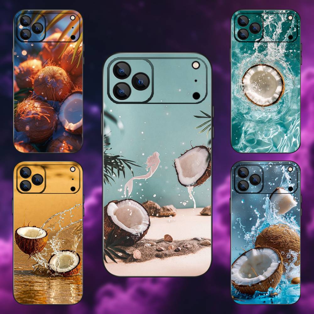 Coconut Fruits Tropical Phone Case For iPhone 17,16,15,14,13,12,11,Pro,Max,Plus,E,SE4,Air,Mini Black Soft Funda