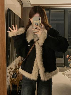 Женская ретро черная джинсовая куртка из овечьей шерсти - Высококачественная, короткая, с меховым воротником, пальто на хлопковой подкладке для осенне-зимней моды