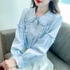 Синяя рубашка с кукольным воротником, модная кружевная вышивка, женская рубашка с длинными рукавами, минималистичный женский топ выходного дня