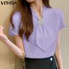 Женская летняя элегантная блузка с v-образным вырезом и коротким рукавом, однотонная элегантная блузка