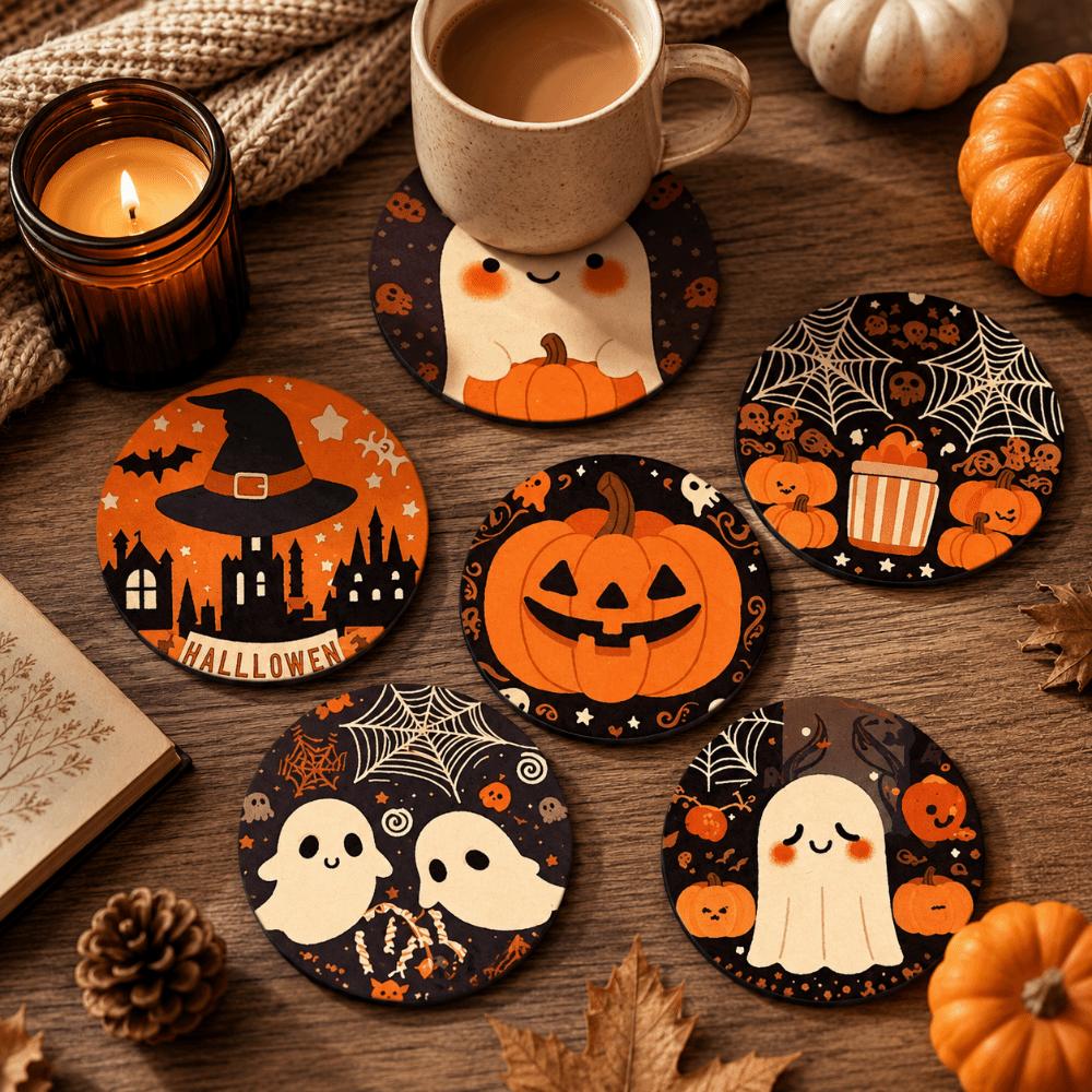 6pcs Wooden Halloween Coasters Pumpkin Heat Insulation Pad Tableware Mat Dining Table