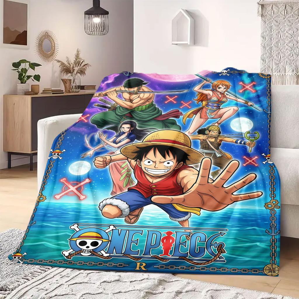 One Piece Artistic 2D Flannel Blanket, Cartoon Character Print for Sofa, Warm Travel Picnic Nap Blanket_LIAN