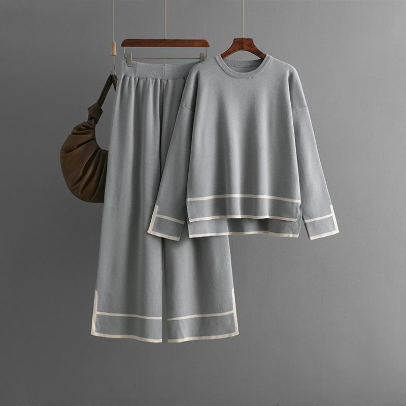 Winter Multicolor Oversize Sets Loose Split Sweater+Solid Wide Legs Long Pants Autumn Fashion Casual Women 2pc Suits