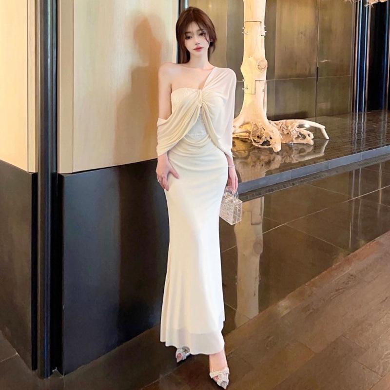 Французский топ-труба плиссированная сетка обтягивающее платье-рыбий хвост женское