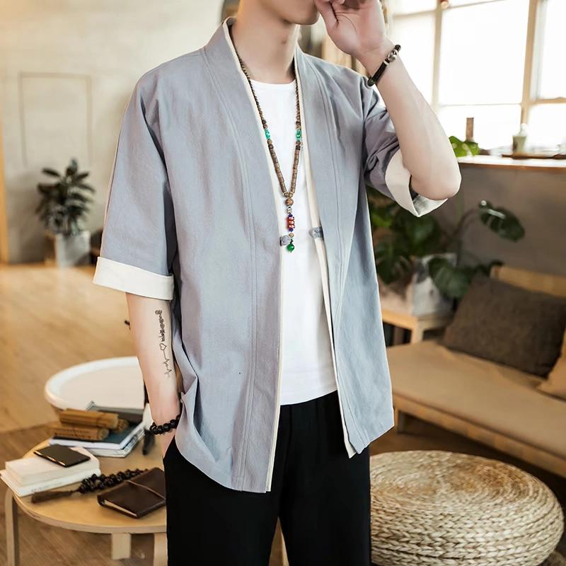 Summer Men Kimono Jackets Cardigan Lightweight Casual Cotton Blends Linen Seven Sleeves Open Front Hanfu Coat
