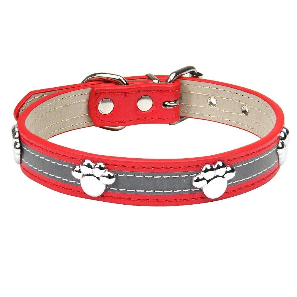 Leather Reflective Dog Collar Adjustable Metal Buckle Rivets Pet Collar Decorative Soft Dog Footprint Collar Pet Supplies