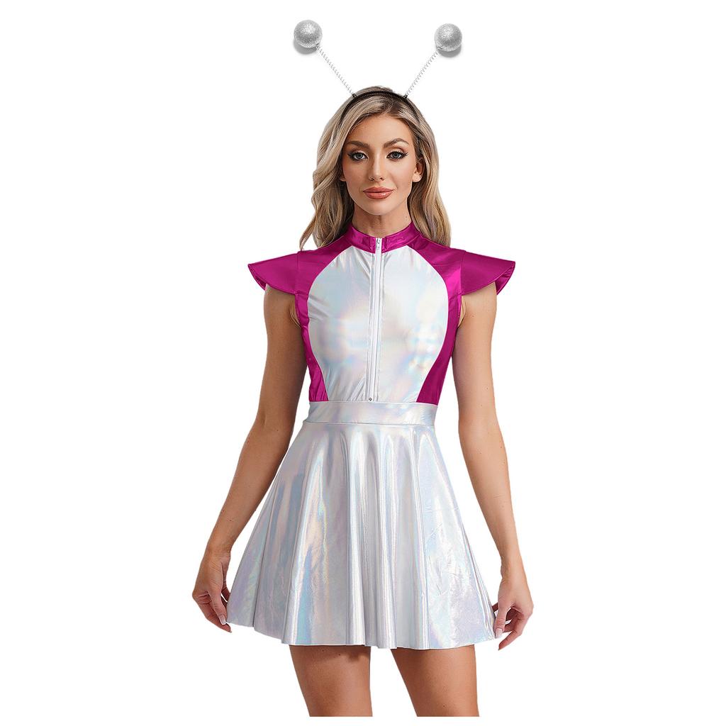Womens Space Alien Costume Cap Sleeve Cutie Design Outer Space Theme Dress and Hair Hoop