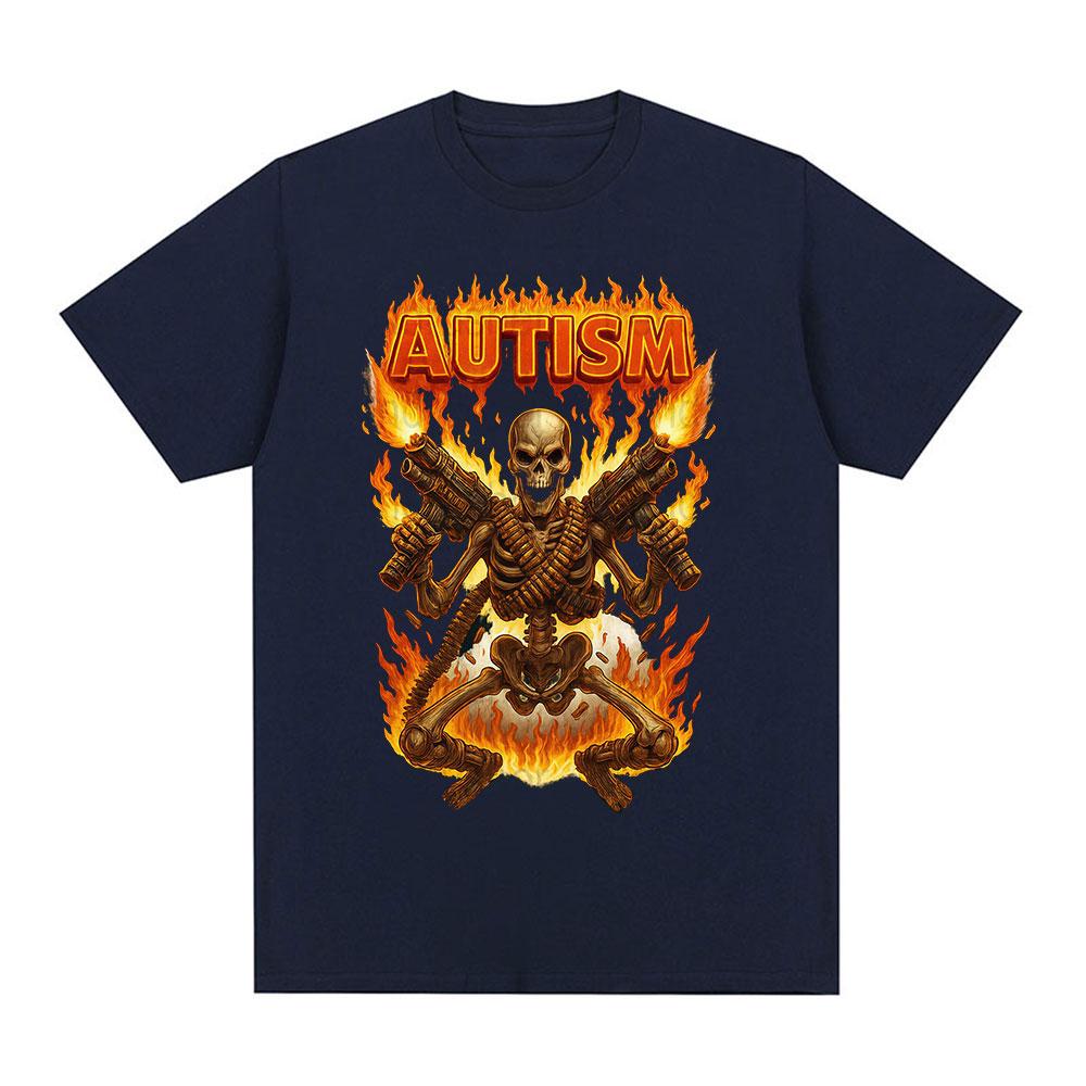 Autisitic Funny Skeleton Autism Meme Tshirts Mens Clothing Vintage Summer Short Sleeves Tshirt Cotton Casual Oversized T Shirt
