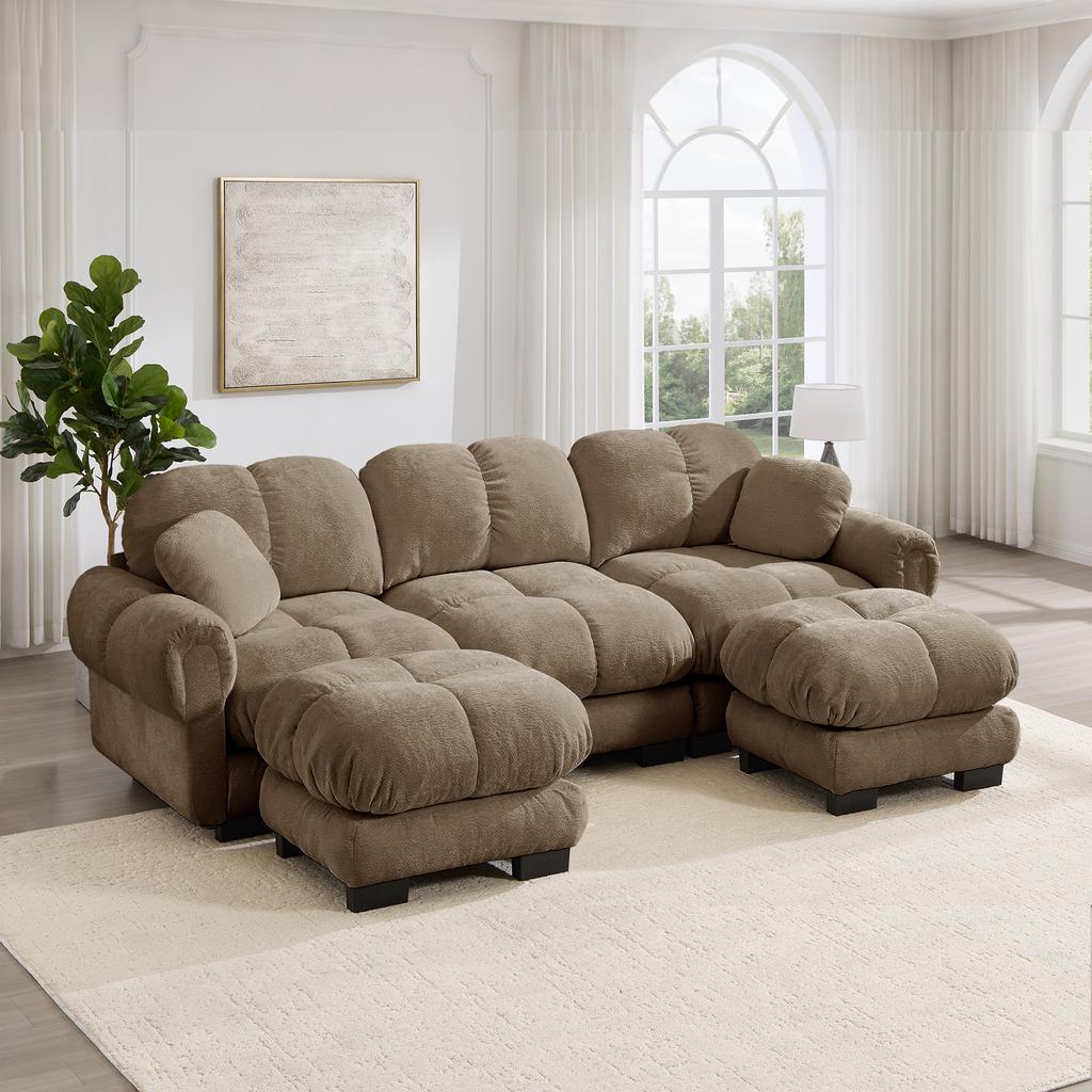 3-Seat U-Shaped Cloud Sofa with Mobile Ottoman and 2 Decorative Cushions, Quilted Design, Soft and Supportive, Easy to Assemble, Living Room, Brown