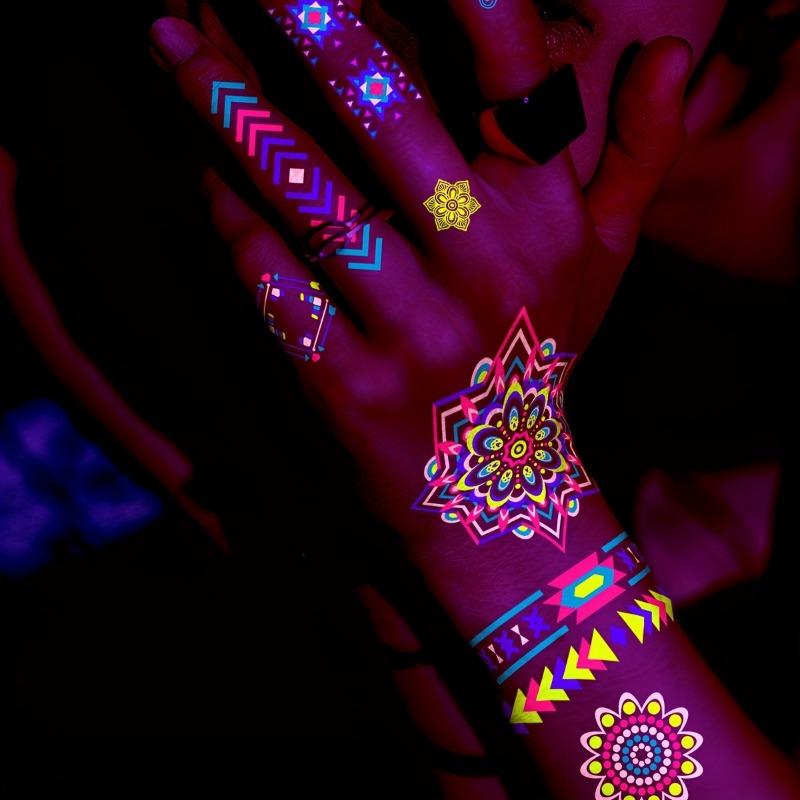 12 шт. Временная татуировка NeonGlwo - Светящаяся наклейка для боди-арта неоново-зеленого, розового, синего, фиолетового, желтого, оранжевого, красного цветов - Водостойкая