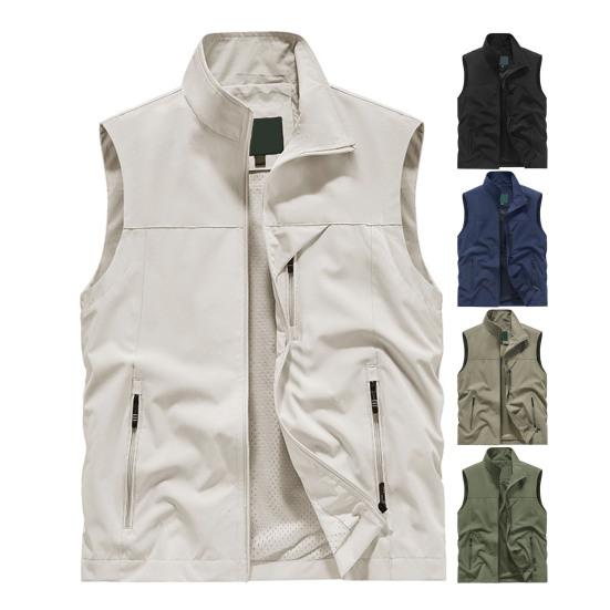 Мужской жилет с воротником-стойкой, без рукавов, застежка-молния, жилет с большими карманами, однотонный жилет для рыбалки на открытом воздухе