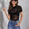 Женская элегантная однослойная сетчатая футболка с коротким рукавом и флокированным принтом, с небольшим стоячим воротом