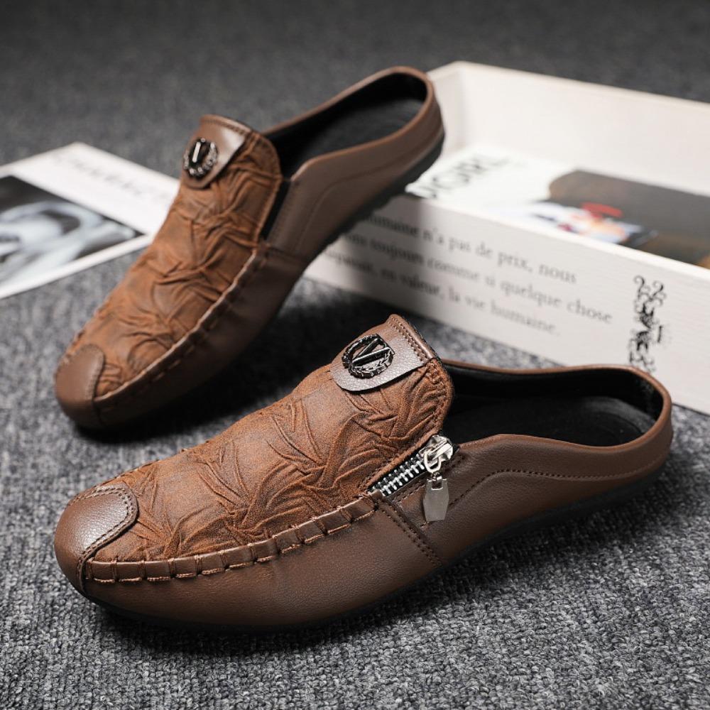 Fashion Men's Shoes Fashion Zippered Casual Leather Shoes Luxury Soft Soled Driving Shoes Designer Loafers Men Leather Half Slippers