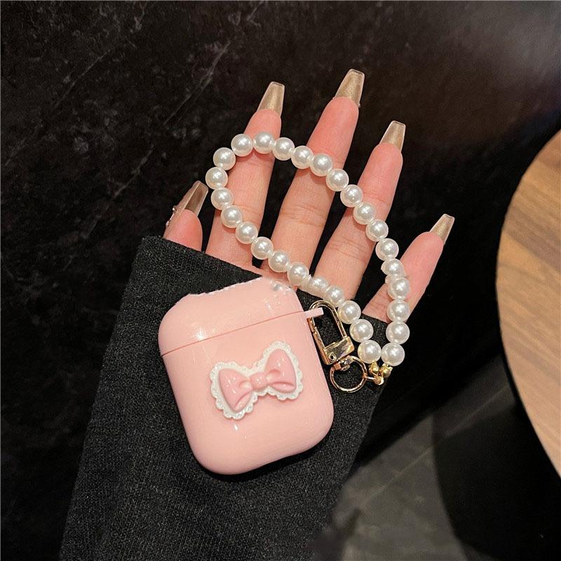 Pink bow wireless bluetooth headset case for AirPods 1st generation 1/1 headset protective cover pearl pendant