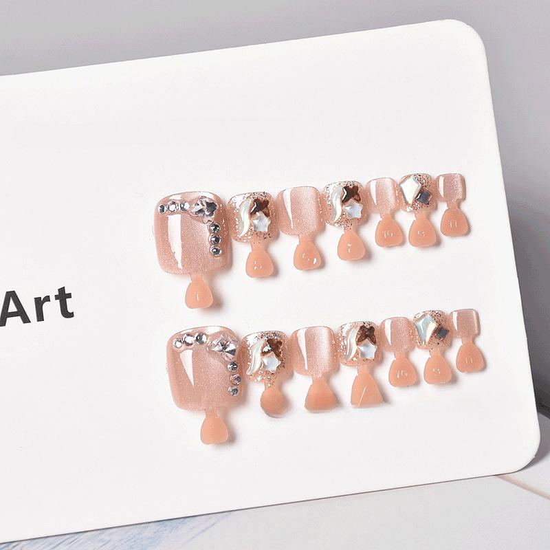 2026 New Wearable Acrylic Ins Style Pink Cat Eye Square Stiletto Nail Art Pre-designed Toenail Stickers with Glue