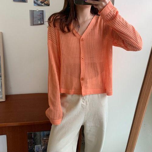Thin Knit Sunscreen Cardigan Jacket for Women's Spring and Summer V-neck Hollowed Out Long Sleeved Air-conditioned Shirt