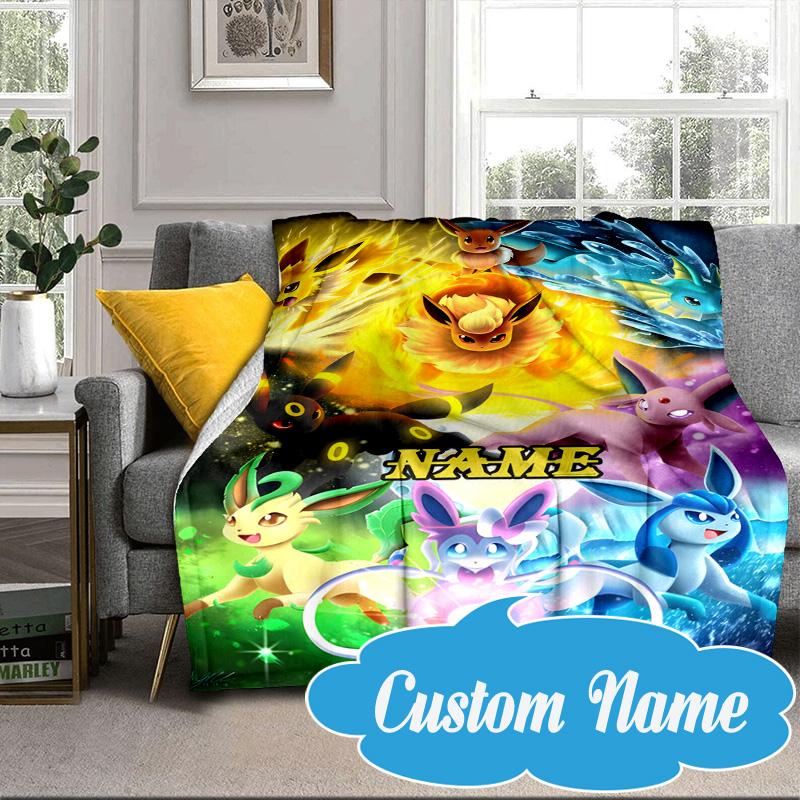 Custom Name Blanket Poke Eeveelutions Flannel blankets Patterns Throw Blanket All-Season Soft Gift for Couch, Bed, Camping Birthday gifts