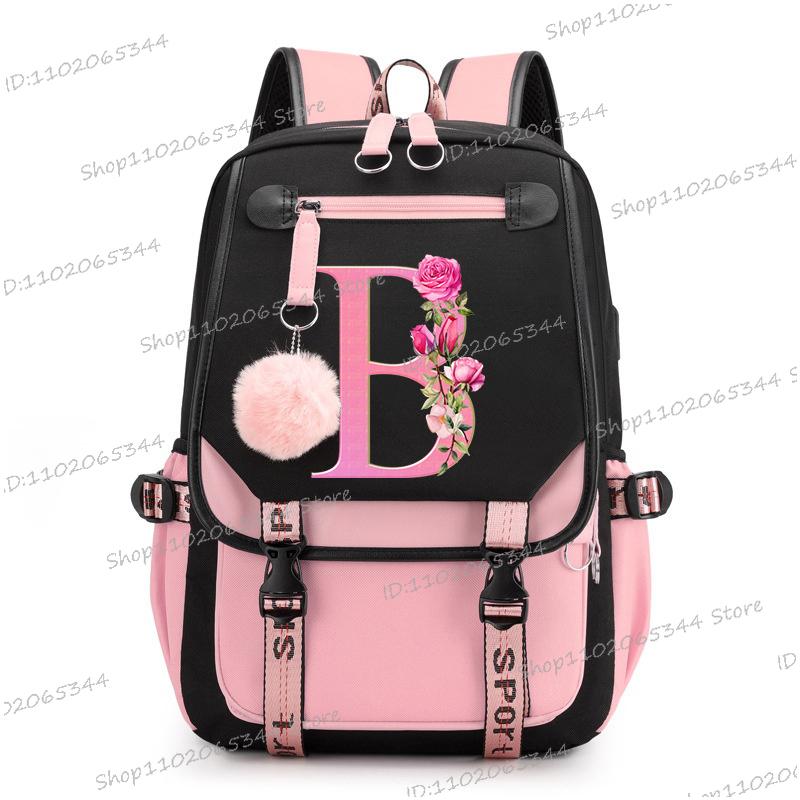 Подростковые рюкзаки Black Pink 26 инициалов Цветок Алфавит от А до Я Большая вместимость Харадзюку Мода Молния Эстетичный Школьная сумка для студентов