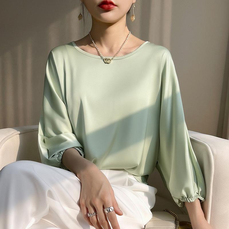 Summer Women's Silk T-shirt Round Neck Pullover Short Satin T-shirt Loose Thin Temperament Blouse